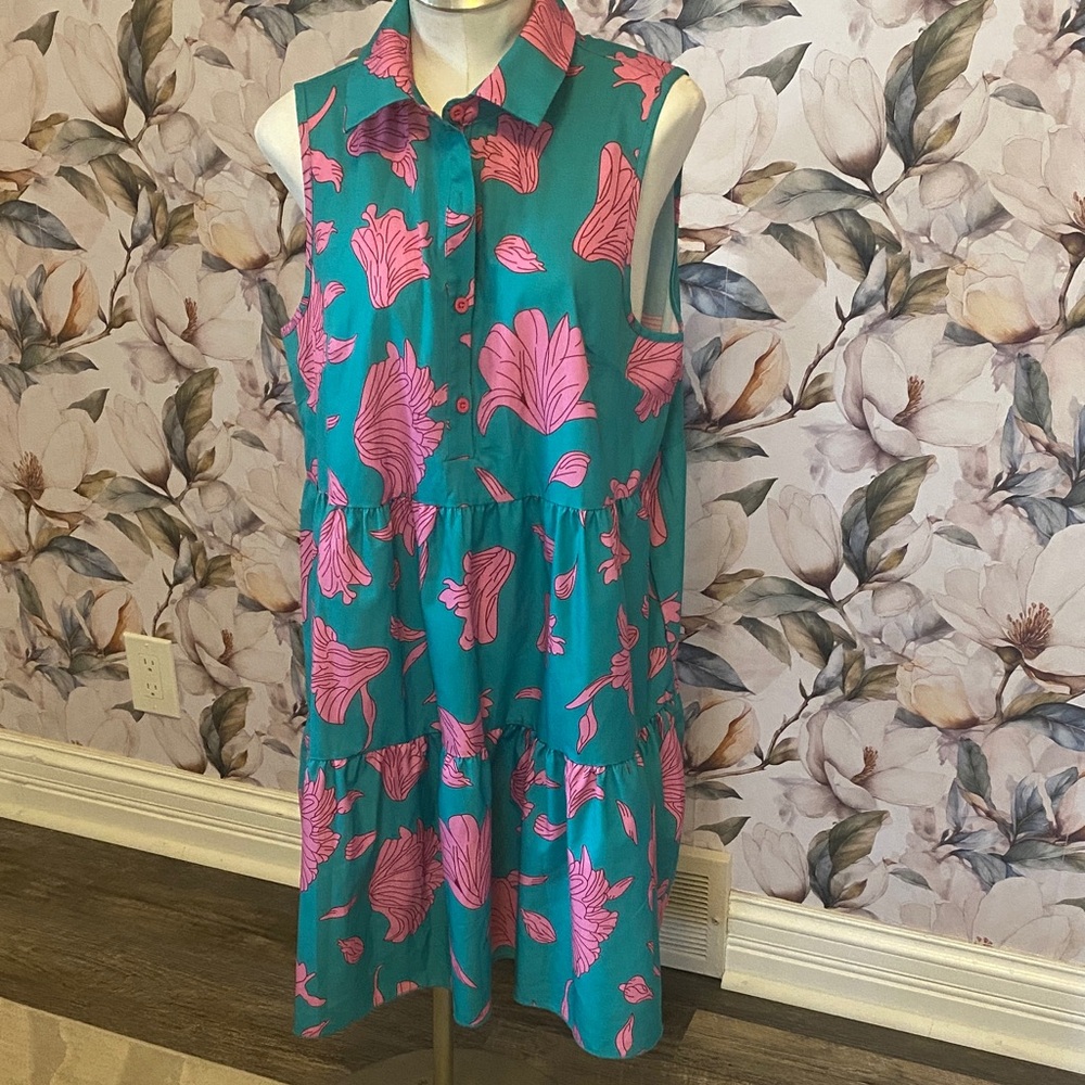SHEIN Teal and Pink Floral Midi Dress